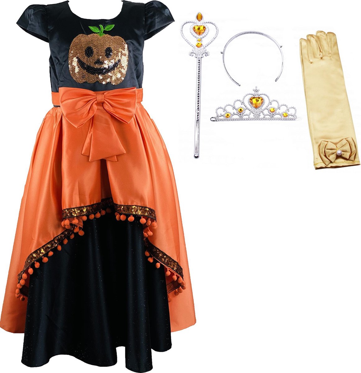 Halloween Jurk Zwart Oranje | Halloween Kostuum | maat 134/140 |Verkleedkleren Meisje | Verkleedkleding | Halloween Decoratie | + GRATIS Tiara en Toverstaf